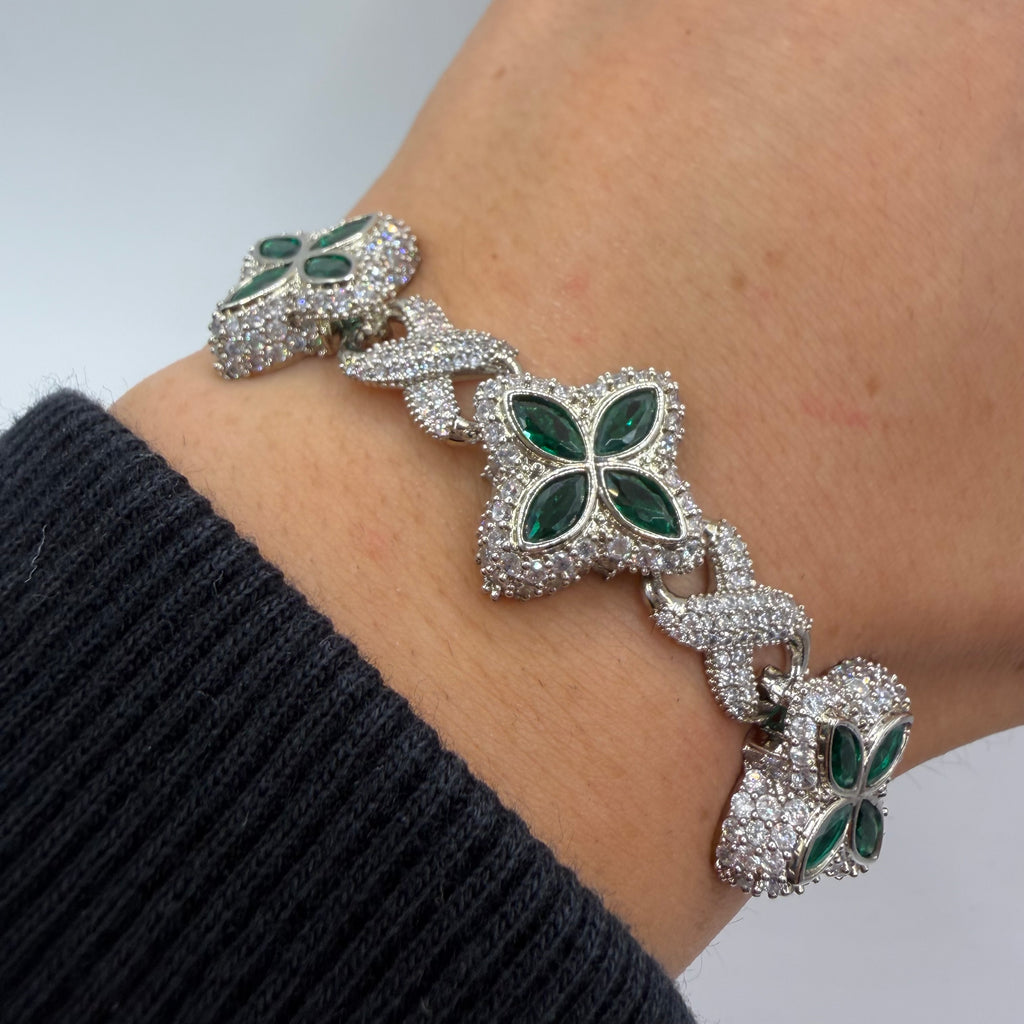 Flower Bracelet Silver Green  – Bransoletka Cyrkonie